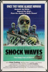 7p786 SHOCK WAVES 1sh '77 Peter Cushing, art of Nazi zombies terrorizing boat!