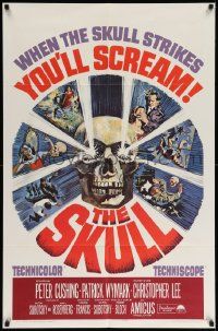 7p803 SKULL 1sh '65 Peter Cushing, Christopher Lee, cool horror artwork of creepy skull!