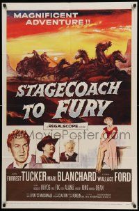 7p829 STAGECOACH TO FURY 1sh '56 pretty Marie Blanchard & Forrest Tucker in magnificent adventure!