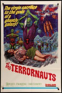 7p878 TERRORNAUTS 1sh '67 wild art of alien virgin sacrifice to the gods of a ghastly galaxy!