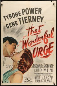 7p881 THAT WONDERFUL URGE 1sh '49 artwork of Tyrone Power about to kiss sexy Gene Tierney!