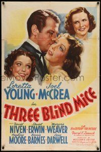 7p891 THREE BLIND MICE style A 1sh '38 Loretta Young wants Joel McCrea as her rich husband!