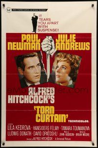 7p917 TORN CURTAIN 1sh '66 Paul Newman, Julie Andrews, Hitchcock tears you apart w/suspense!