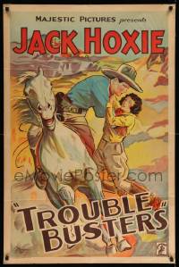 7p922 TROUBLE BUSTERS 1sh '33 art of cowboy Jack Hoxie lifting pretty girl onto Dynamite the Horse