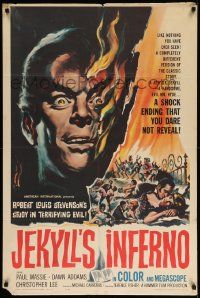 7p925 TWO FACES OF DR. JEKYLL 1sh '61 Jekyll's Inferno, cool burning face art by Reynold Brown!