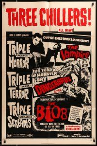 7p936 VAMPIRE/DINOSAURUS/BLOB 1sh '71 B movie chiller horror triple bill!