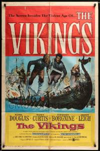 7p943 VIKINGS 1sh '58 art of Kirk Douglas, Tony Curtis & sexy Janet Leigh on long ship!