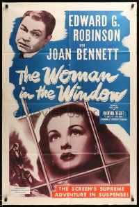 7p977 WOMAN IN THE WINDOW 1sh R53 Fritz Lang, art of Edward G. Robinson & sexy Joan Bennett!