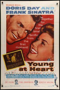 7p991 YOUNG AT HEART 1sh '54 great close up image of Doris Day & Frank Sinatra!