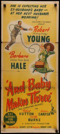 7r283 AND BABY MAKES THREE Aust daybill '49 Robert Young, Barbara Hale, different stone litho!