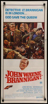 7r299 BRANNIGAN Aust daybill '75 great Robert McGinnis art of fighting John Wayne in England!
