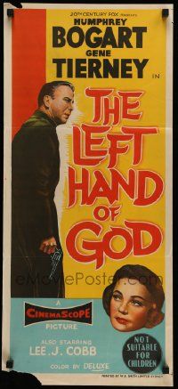 7r403 LEFT HAND OF GOD Aust daybill '55 stone litho artwork of priest Humphrey Bogart holding gun!