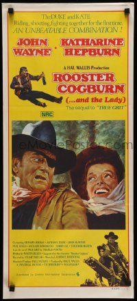 7r444 ROOSTER COGBURN Aust daybill '75 great art of John Wayne with eyepatch & Katharine Hepburn!