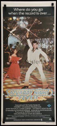 7r449 SATURDAY NIGHT FEVER Aust daybill '77 disco dancer John Travolta & Karen Gorney, R-rated!