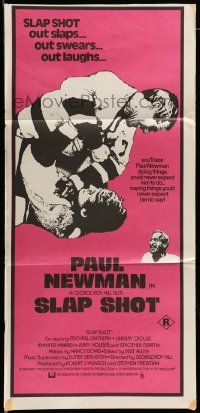7r459 SLAP SHOT Aust daybill '77 ice hockey, cool image of Paul Newman fighting!