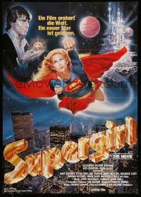 7r925 SUPERGIRL German '85 Casaro art of super Helen Slater in costume flying over NYC!