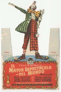 7s784 GREATEST SHOW ON EARTH die-cut Spanish herald '53 DeMille, Solis art of clown James Stewart!