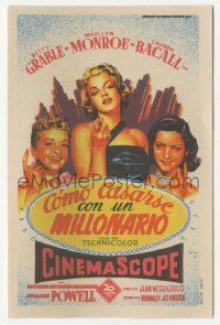 7s802 HOW TO MARRY A MILLIONAIRE Spanish herald '54 Soligo art of Marilyn Monroe, Grable & Bacall!