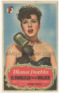7s927 SOMETHING IN THE WIND Spanish herald '52 Deanna Durbin singing into microphone, Irving Pichel