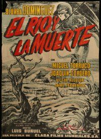 7t012 EL RIO Y LA MUERTE Mexican poster '54 Luis Bunuel, cool artwork of death & deadly river!