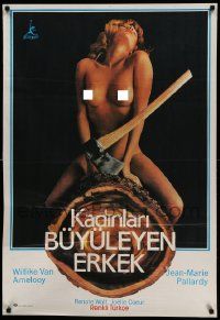 7t320 EROTIC DIARY OF A LUMBERJACK Turkish '74 sexy Claudine Beccarie straddling log w/axe!