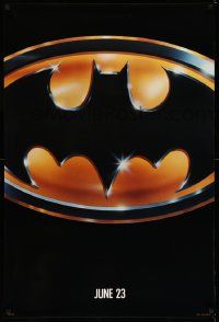 7w552 BATMAN teaser 1sh '89 directed by Tim Burton, cool image of Bat logo, glossy finish!