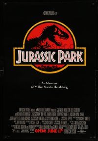7w762 JURASSIC PARK advance 1sh '93 Steven Spielberg, classic logo with T-Rex over red background