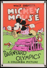 7w048 BARNYARD OLYMPICS 21x31 art print '70s-80s art of Mickey Mouse jumping over chicken coop!