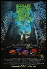 7w950 TEENAGE MUTANT NINJA TURTLES 1sh '90 live action, cool image of turtles in NYC sewers!