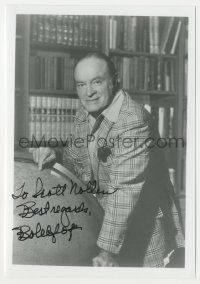 7x1030 BOB HOPE signed 5x7 REPRO still '80s great smiling close up posing by globe in library!