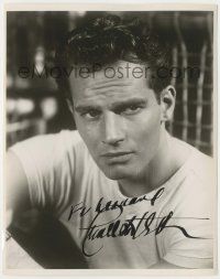 7x1210 CHARLTON HESTON signed 8x10 REPRO still '80s great youthful head & shoulders close up!