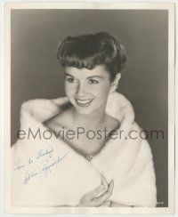 7x0722 DEBBIE REYNOLDS signed deluxe 8x10 still '50s wonderful smiling portrait wrapped in fur!