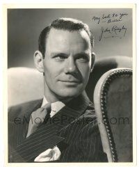7x0788 JOHN RIDGELY signed 8.25x10 still '40s great seated portrait in striped suit & tie!