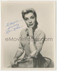 7x0812 LORI NELSON signed 8x10 still '50s sexy portrait wearing striped blouse & matching gloves!
