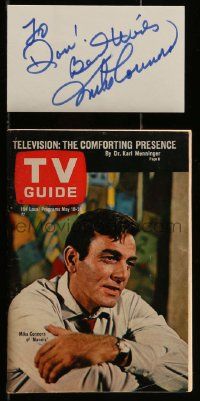 7x0975 MIKE CONNORS signed 3x5 index card '80s includes a 1968 TV Guide it can be framed with!
