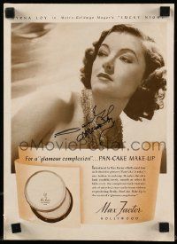 7x0254 MYRNA LOY signed magazine ad '39 she uses Max Factor pan-cake makeup for a glamour complexion