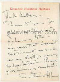 7x0018 KATHARINE HEPBURN signed 6x8 letter '70s thanking Mallery for enthusiastic & charming letter!