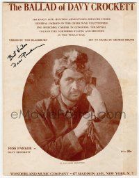 7x0259 FESS PARKER signed sheet music '54 great portrait on The Ballad of Davy Crockett!