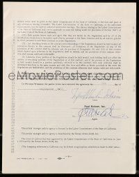 7x0057 INGRID THULIN signed 9x11 contract '61 signing Paul Kohner as her agent for 3 years!
