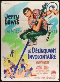 7y399 DELICATE DELINQUENT French 1p '57 Grinsson art of teen Jerry Lewis hanging from light post!
