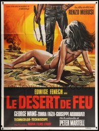 7y401 DESERT OF FIRE French 1p '72 great art of man standing over woman in bikini covered in cash!