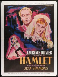 7y446 HAMLET French 1p R70s Olivier, Simmons, Shakespeare classic, different Guy Gerard Noel art!