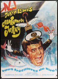 7y451 HOOK, LINE & SINKER French 1p '69 wacky different art of Jerry Lewis jumping from ship!