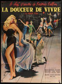7y474 LA DOLCE VITA French 1p '60 Federico Fellini, art of Mastroianni & sexy Ekberg by Yves Thos!
