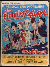 7y533 PIONEERS OF LAUGHTER French 1p 1961 art of Chaplin, Keaton, AND Laurel & Hardy together!
