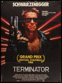 7y577 TERMINATOR French 1p '85 best c/u of most classic cyborg Arnold Schwarzenegger with gun!
