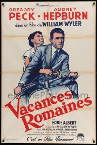 7y308 ROMAN HOLIDAY French 32x48 R60s art of Audrey Hepburn & Gregory Peck riding on Vespa!