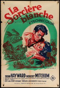 7y314 WHITE WITCH DOCTOR French 32x48 '54 Soubie art of Susan Hayward & Robert Mitchum in Africa!