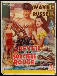 7y611 WAKE OF THE RED WITCH French 39x52 '50 art of barechested John Wayne & Gail Russell at sea!