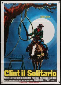 7y766 CLINT THE STRANGER Italian 1p R74 Stefano spaghetti western art of cowboy on horse by noose!